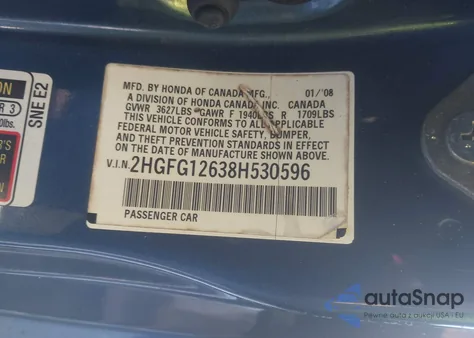 2008 Honda Civic Lx из США, поврежденный, VIN 2HGFG12638H530596